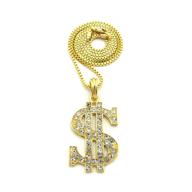 Stone Stud Dollar Sign Micro Pendant with 2mm 24 Box Chain Necklace Gold-Tone 